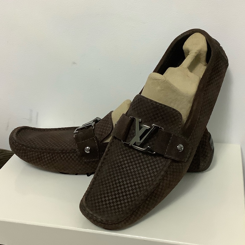 Rare Louis Vuitton Monte Carlo Textured Brown suede Loafers with Silver Accent